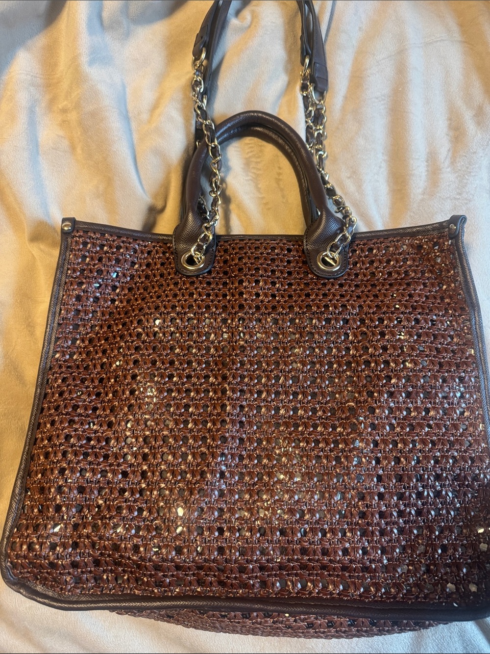 Steve Madden Woven Shimmer Tote Bag in Deep Brown